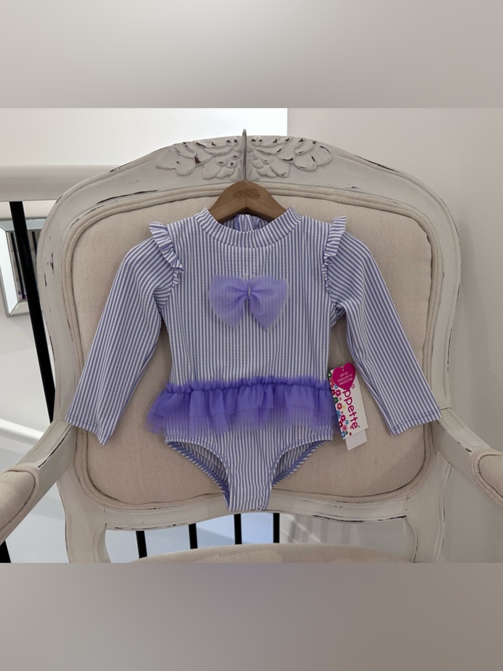 🤍 18 Mth Wippette Lavender Striped Long-Sleeve One-Piece with Tulle Bow NWT